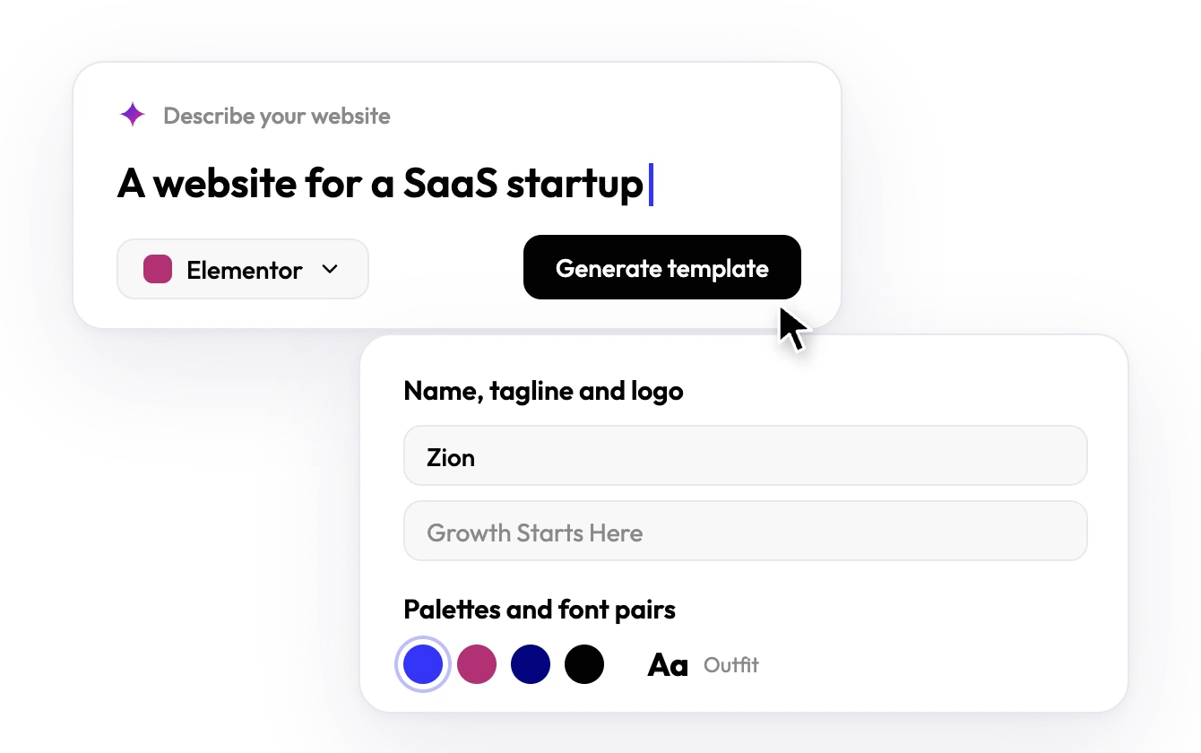 Prompt box reading A website for a SaaS startup, with Elementor selected, next to name, tagline, palette and font pickers