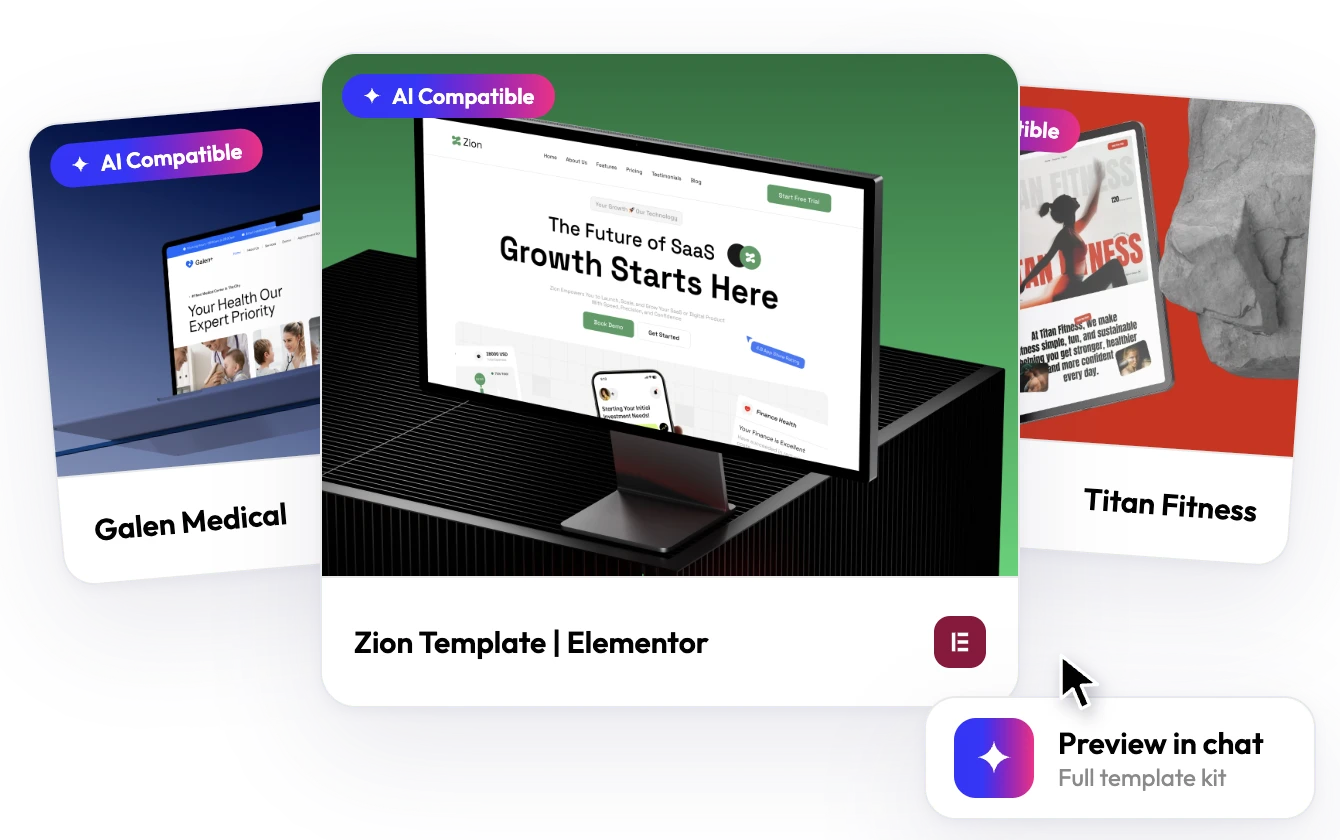 Template kit cards for Galen Medical, Zion and Titan Fitness with a Preview in chat label