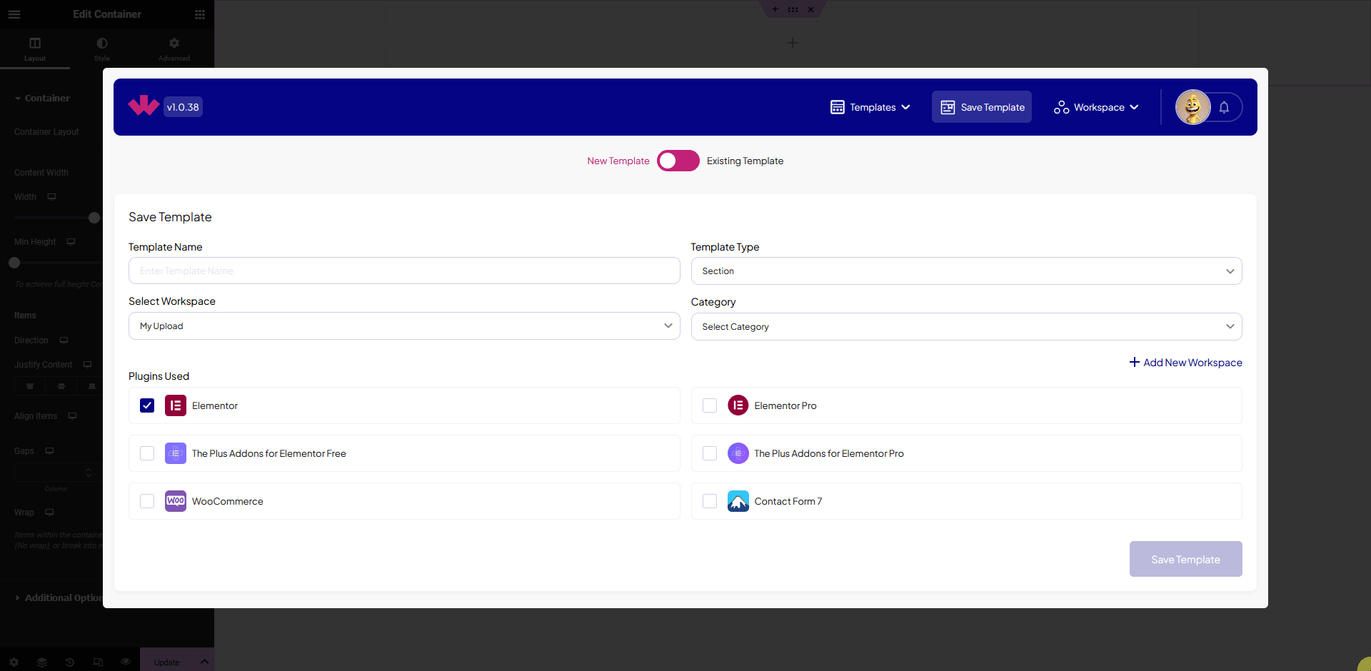 WDesignKit Save Template popup with a workspace selection option