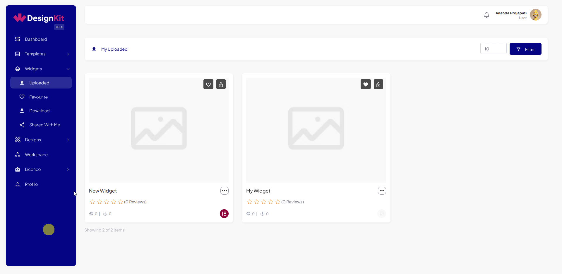 Copying an existing WDesignKit widget into a workspace via the Copy to Workspace action