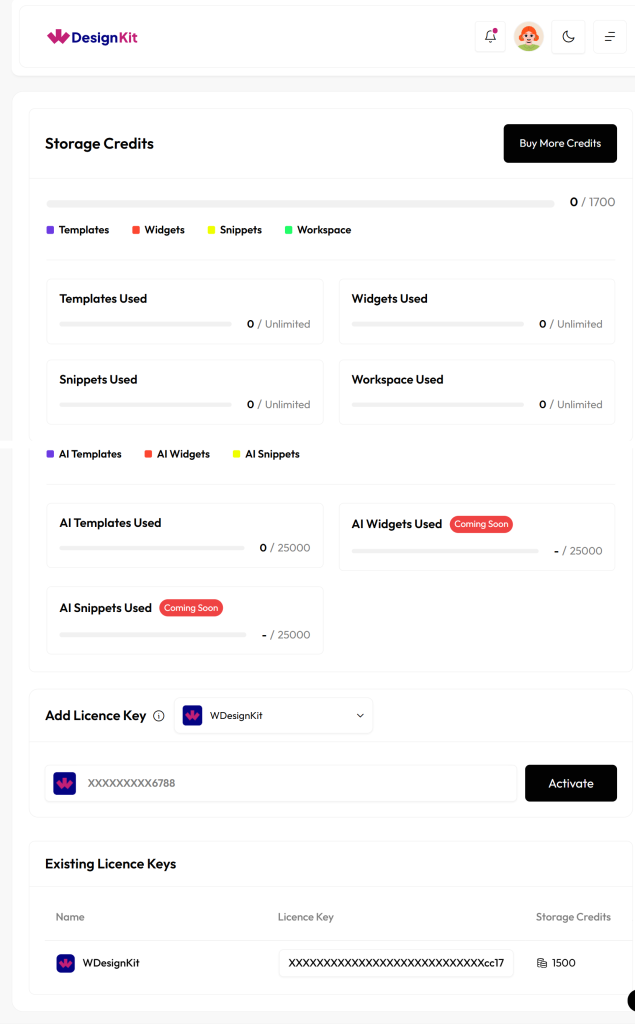 WDesignKit account dashboard showing Storage Credits, AI Credits, and an active license key under Existing Licence Keys