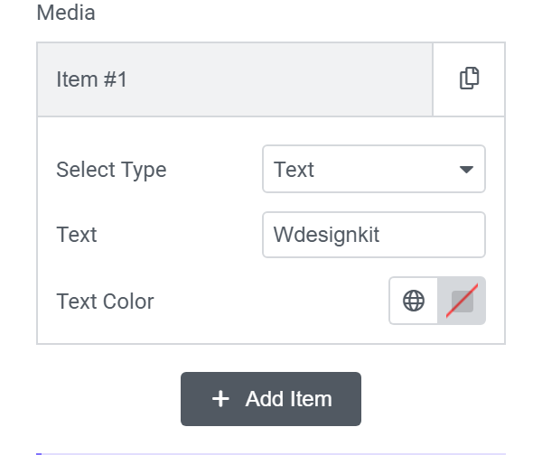 Click to Media widget Content panel showing Select Type set to Text, with the Text field and Text Color picker fields.