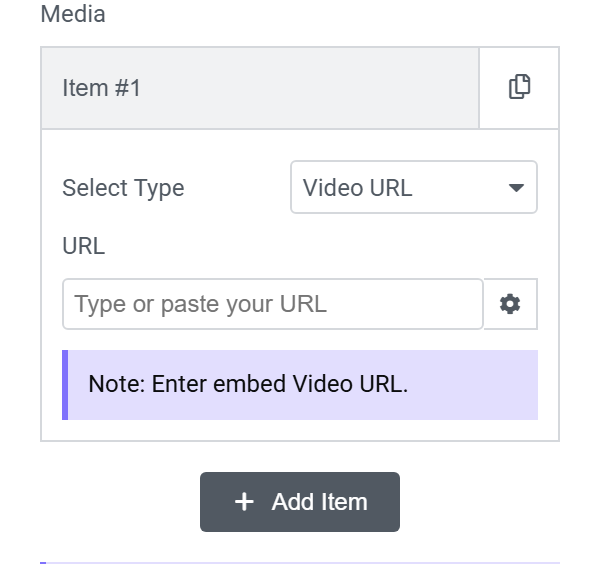Click to Media widget Content panel showing Select Type set to Video URL, with the URL field for pasting an embed video link.