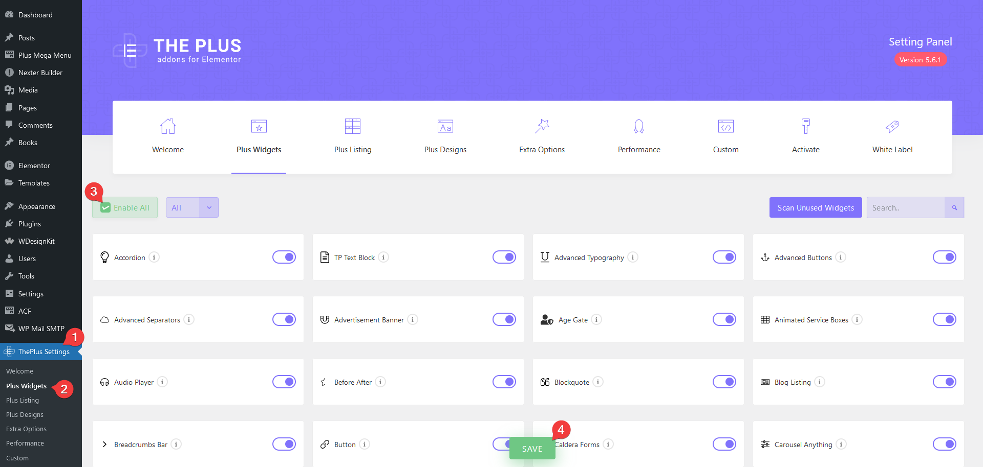 the plus addons for elementor enable all widget