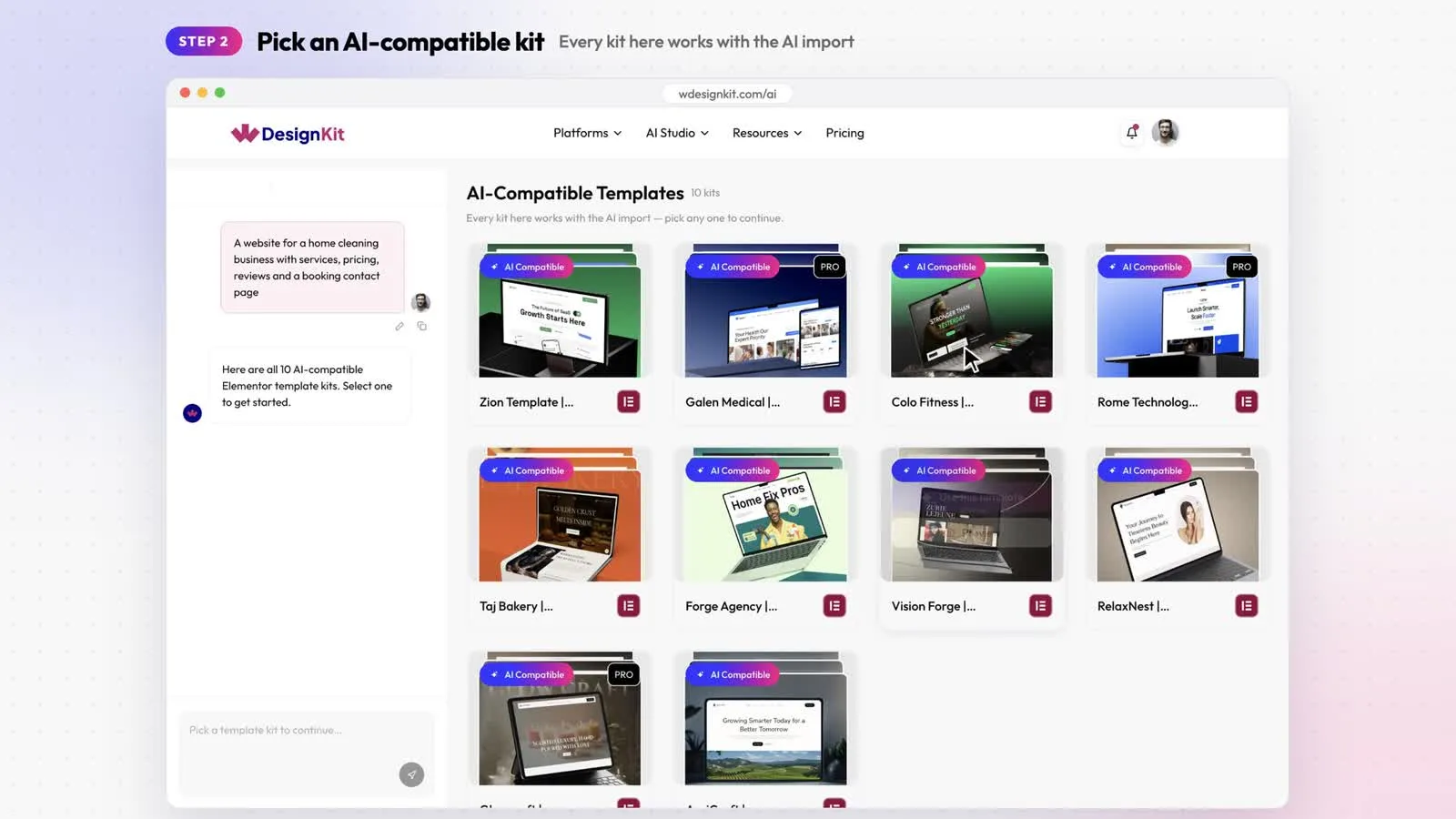 AI-Compatible Templates page listing 10 Elementor kits, each with an AI Compatible badge and some marked PRO