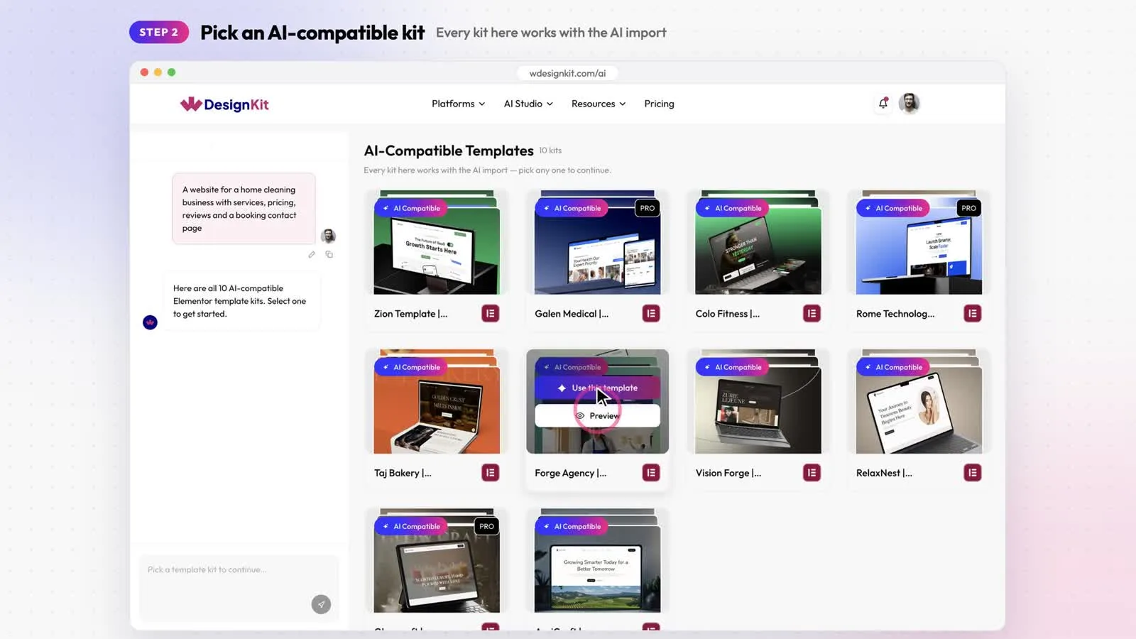 Hovering over a kit shows the Use this template and Preview buttons