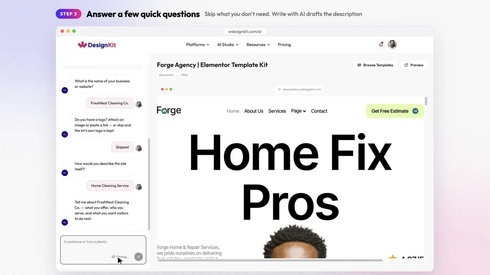 AI chat panel asking for the business name, logo and site description next to the kit preview