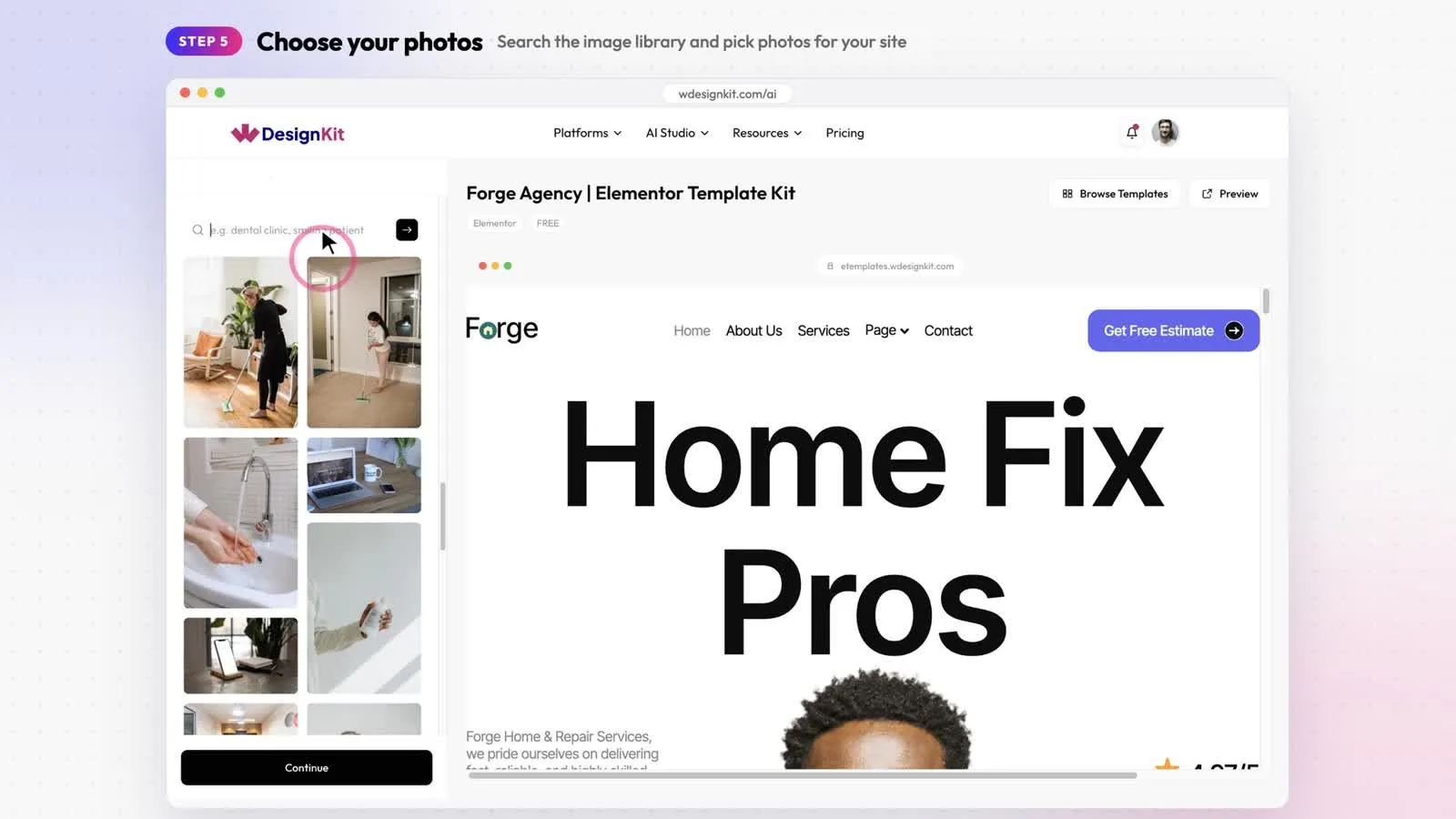 Image library panel with a search box and a grid of photos to choose from