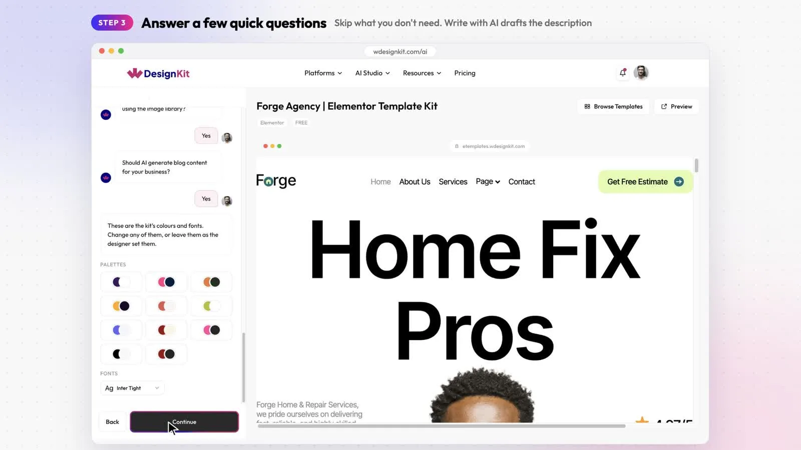 Colour palette grid and fonts dropdown for choosing the look of the site