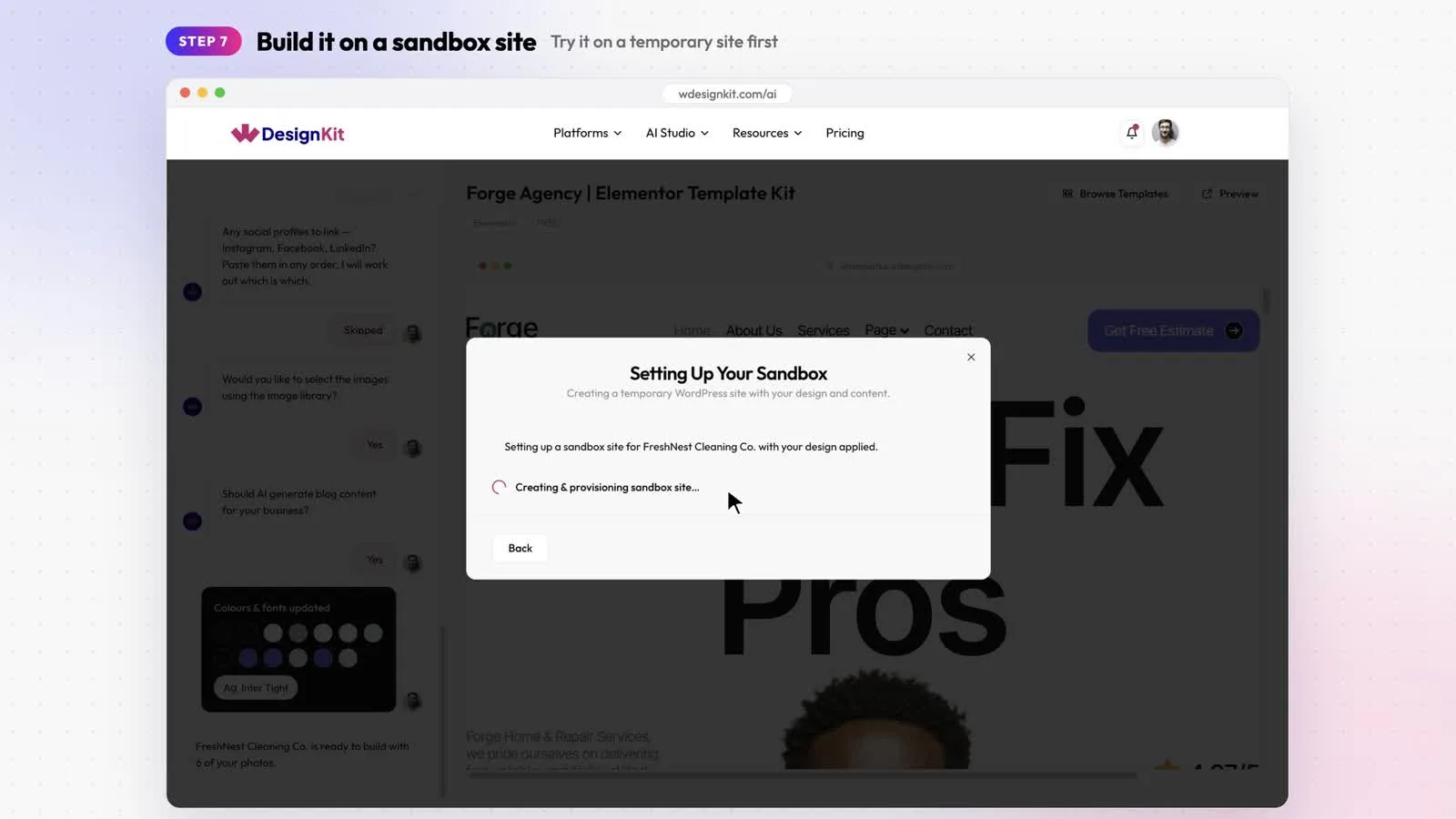 Setting Up Your Sandbox dialog with a progress spinner while the temporary site is created