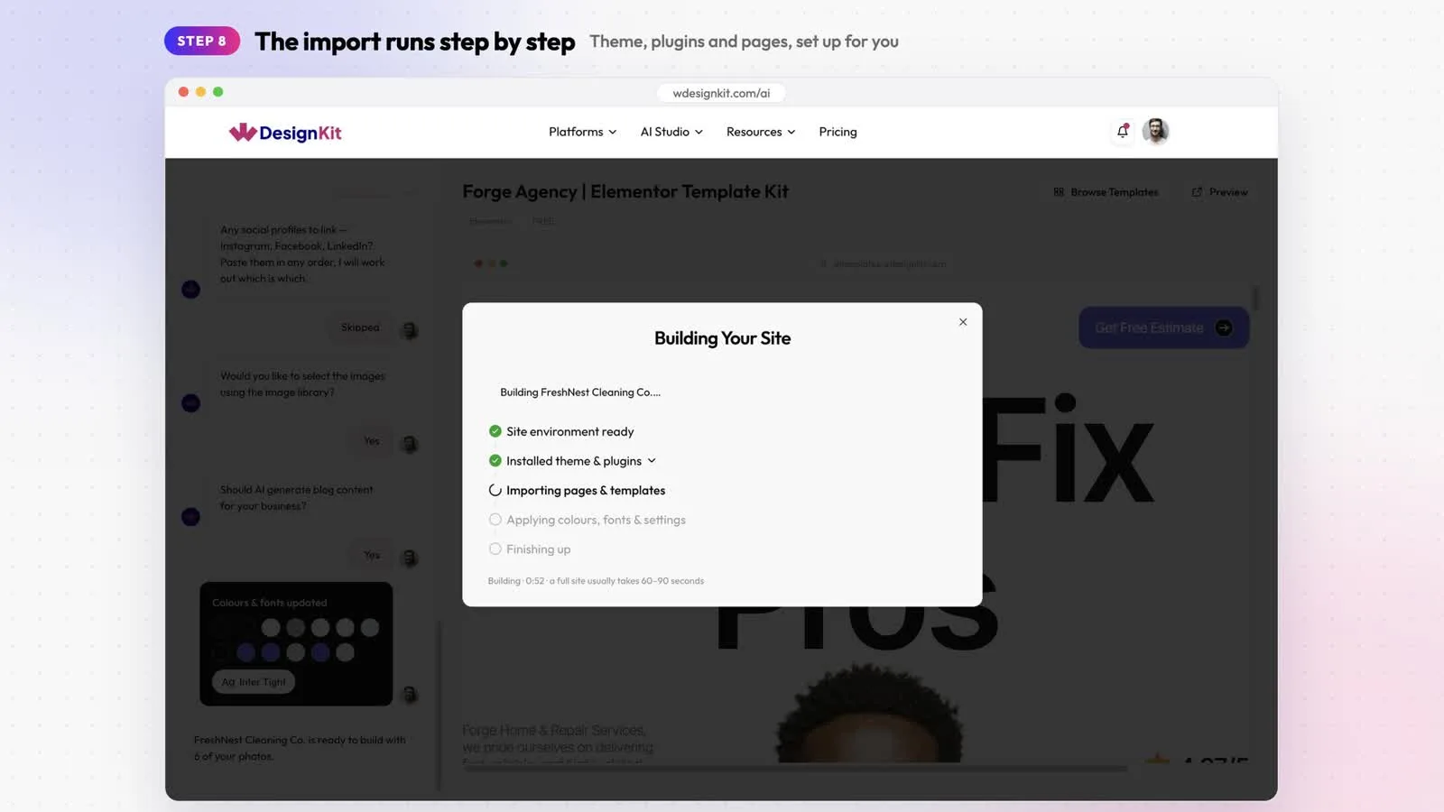 Building Your Site dialog listing the import stages with a progress indicator