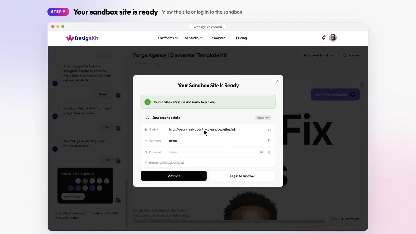 Your Sandbox Site Is Ready dialog with the site link, username, password, expiry time, and the View site and Log in to sandbox buttons