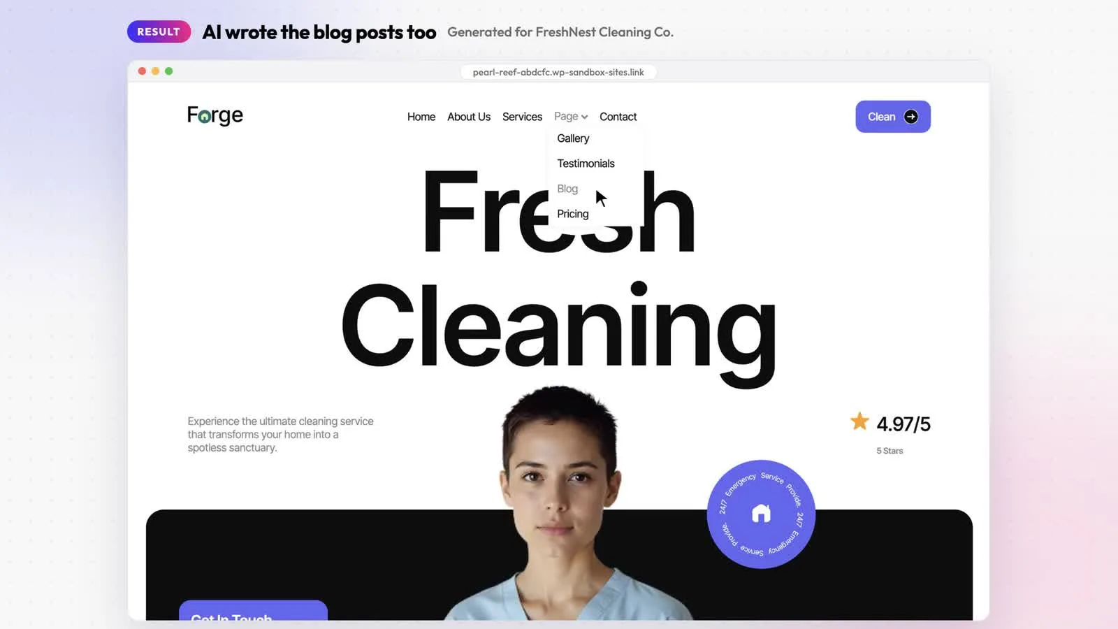 Finished sandbox site built from the Forge kit, showing AI-written content and the navigation menu