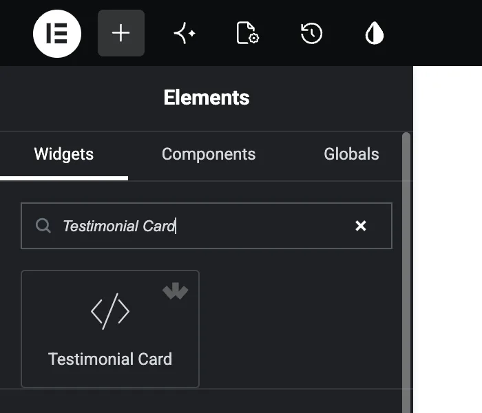 The Testimonial Card widget, created through the MCP connection, showing in the Elementor widgets panel with its own icon
