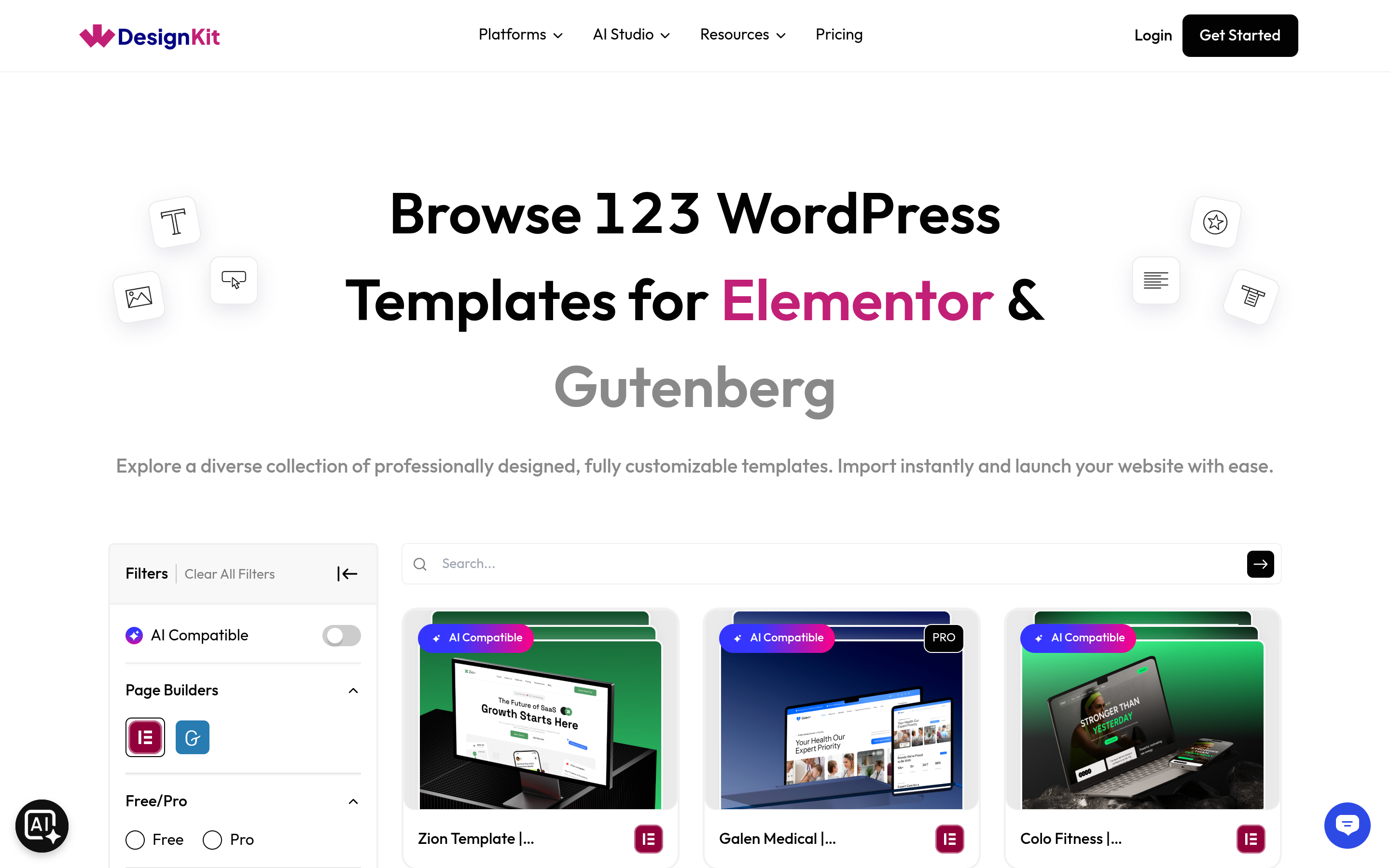 WDesignKit template library showing Full Pages, Sections, and Page Kits filters