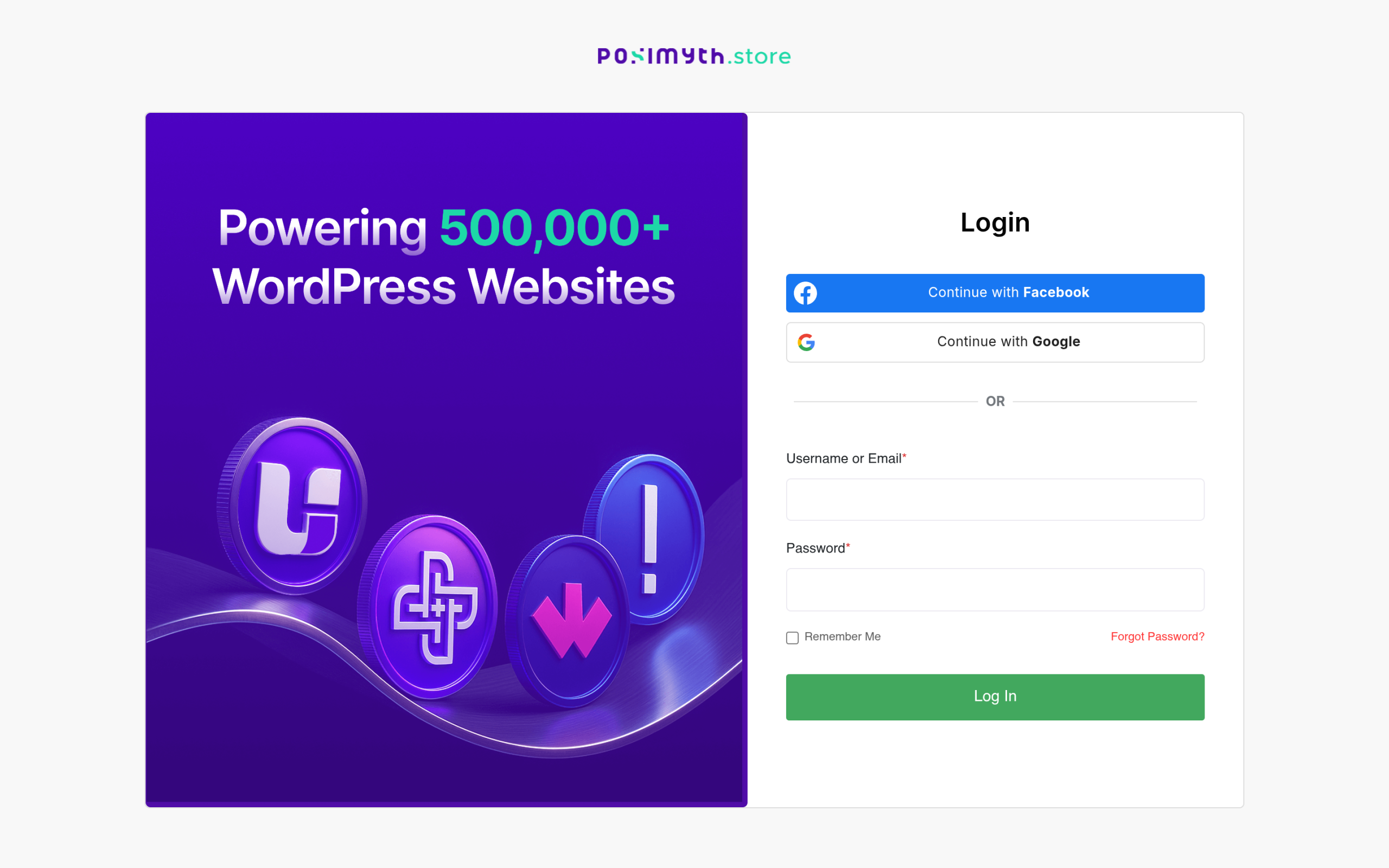 POSIMYTH Store account login screen at store.posimyth.com/login showing username or email and password fields with links to The Plus Addons, WDesignKit, NexterWP, and UiChemy
