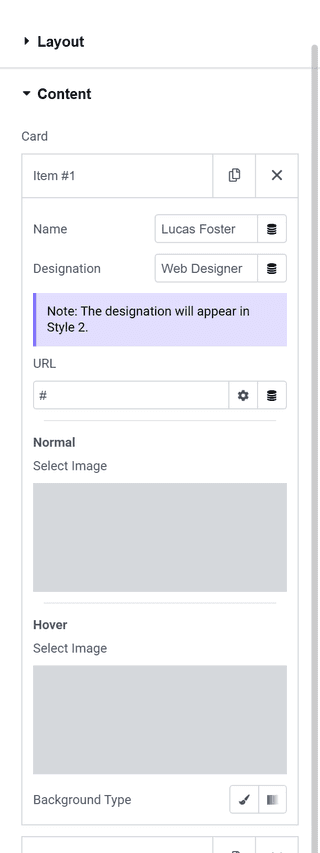 Team Member Slider widget Content tab with the first repeater item expanded, showing Name, Designation, URL, Normal and Hover image fields, and Background Type