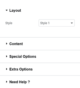Team Member Slider widget Content panel showing the Layout Style picker, Content, Special Options, and Extra Options sections