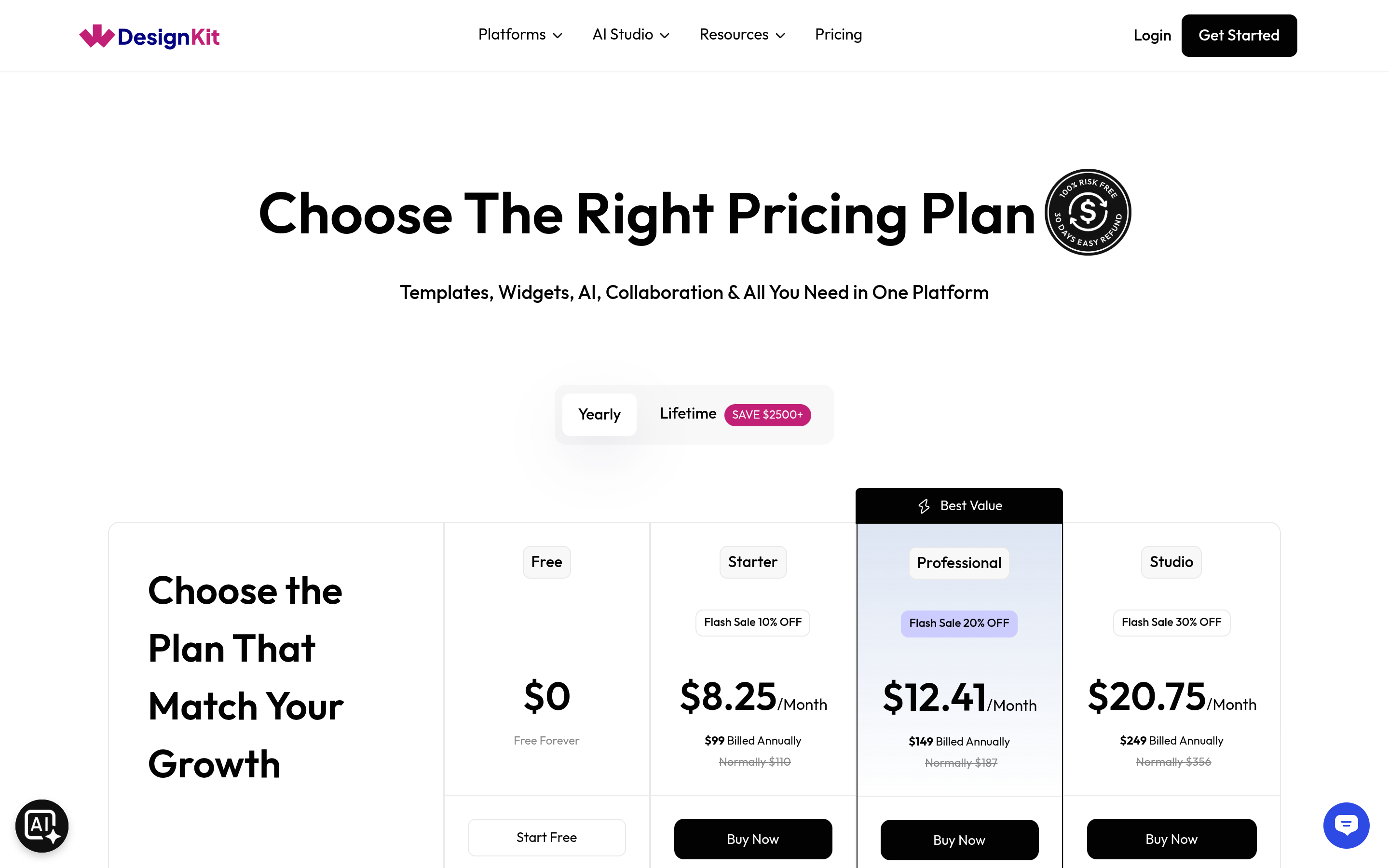WDesignKit pricing page comparing Free and Pro plans