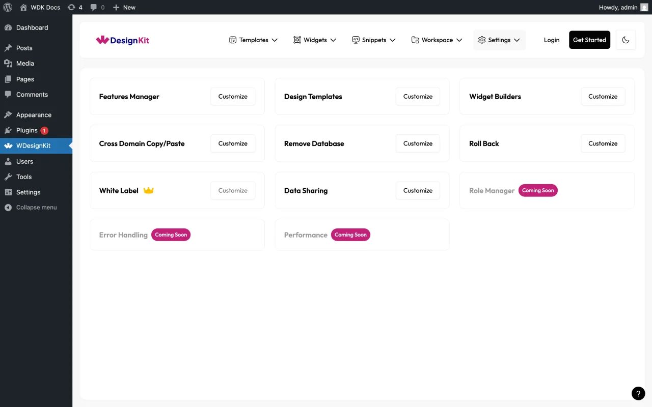 WDesignKit settings page showing the Data Sharing card