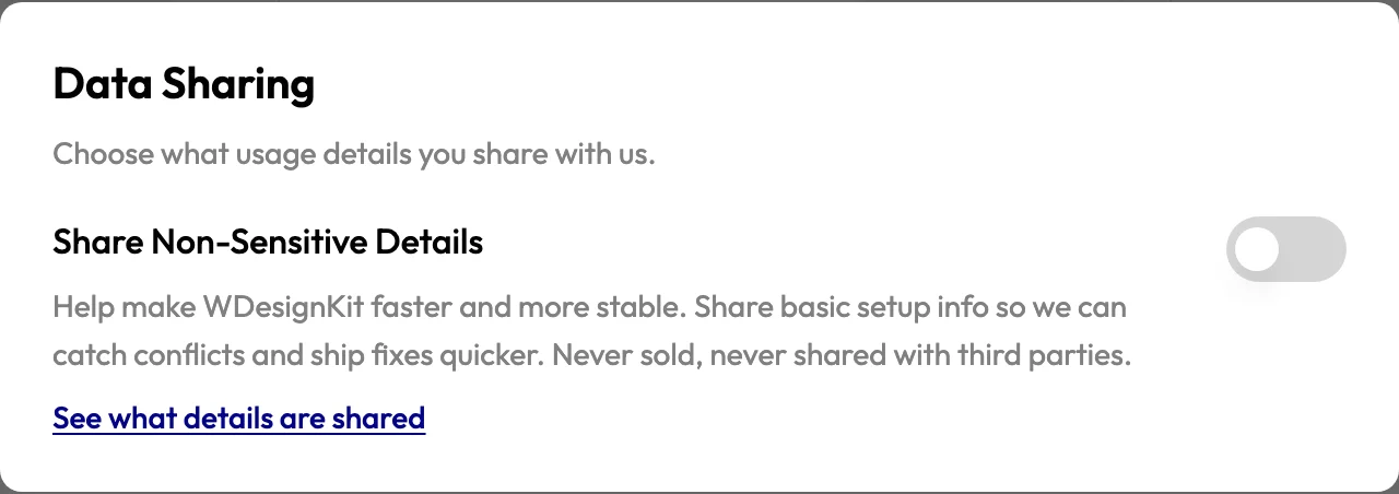 Data Sharing panel with the Share Non-Sensitive Details switcher turned off