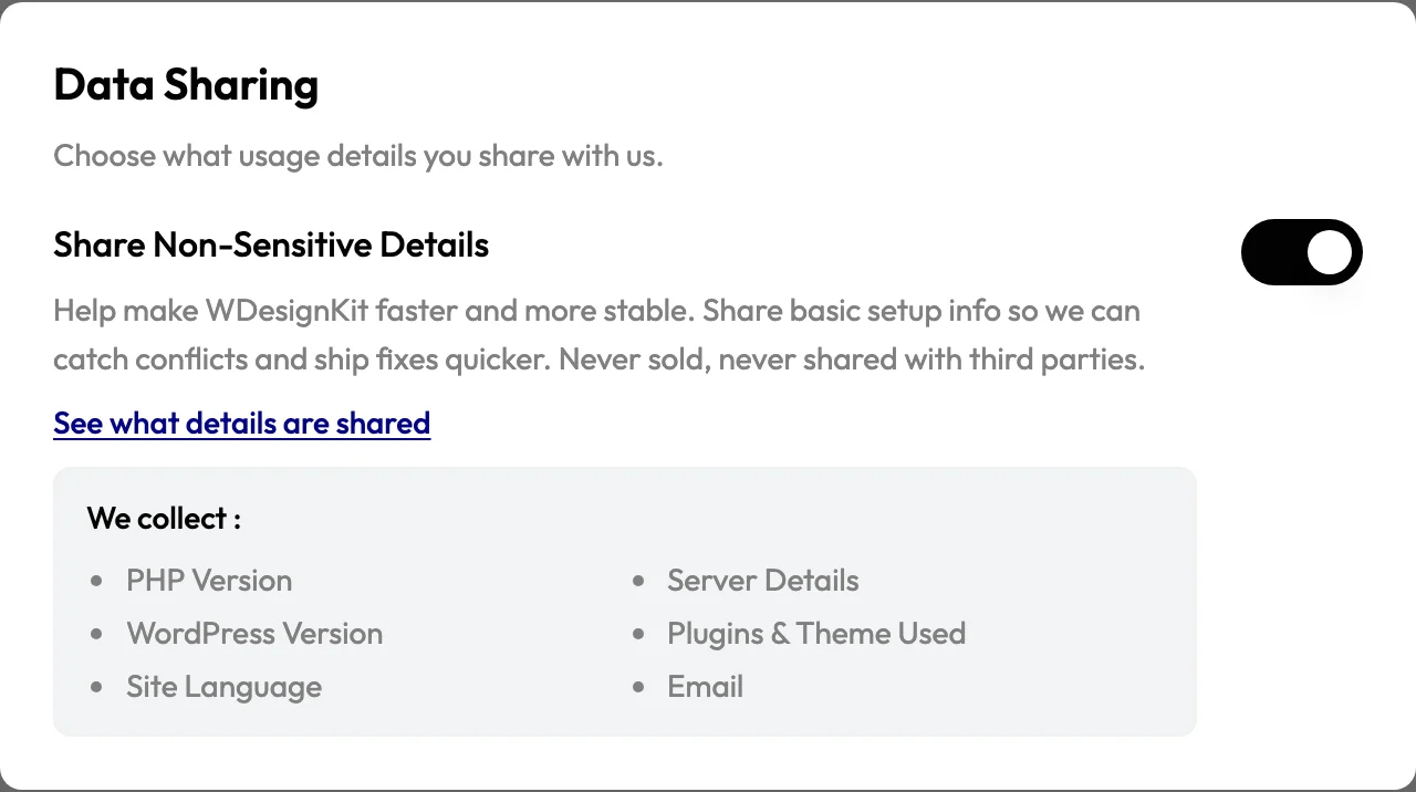 Share Non-Sensitive Details switcher turned on