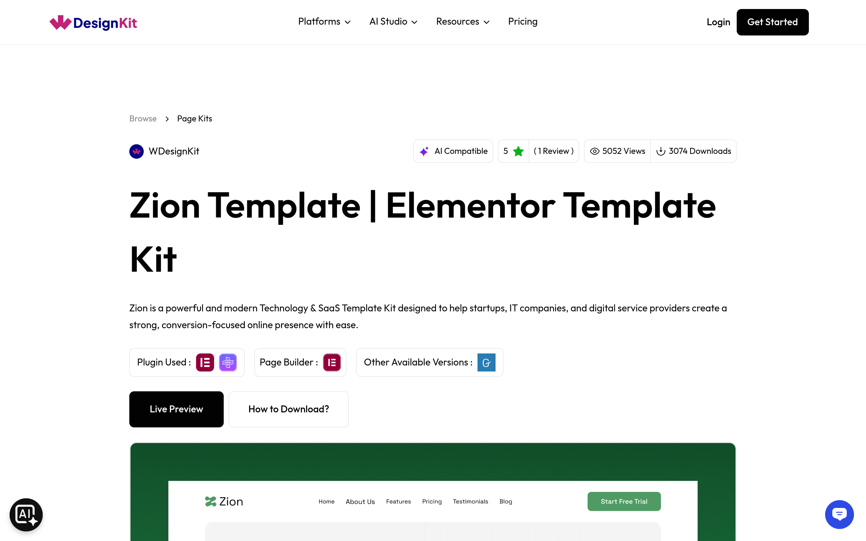 Zion Template Elementor Kit preview in WDesignKit library