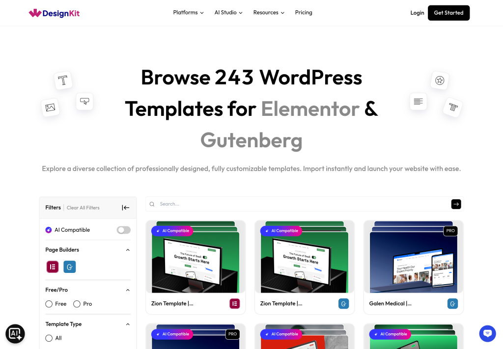 WDesignKit template library with page builder and Free or Pro filters