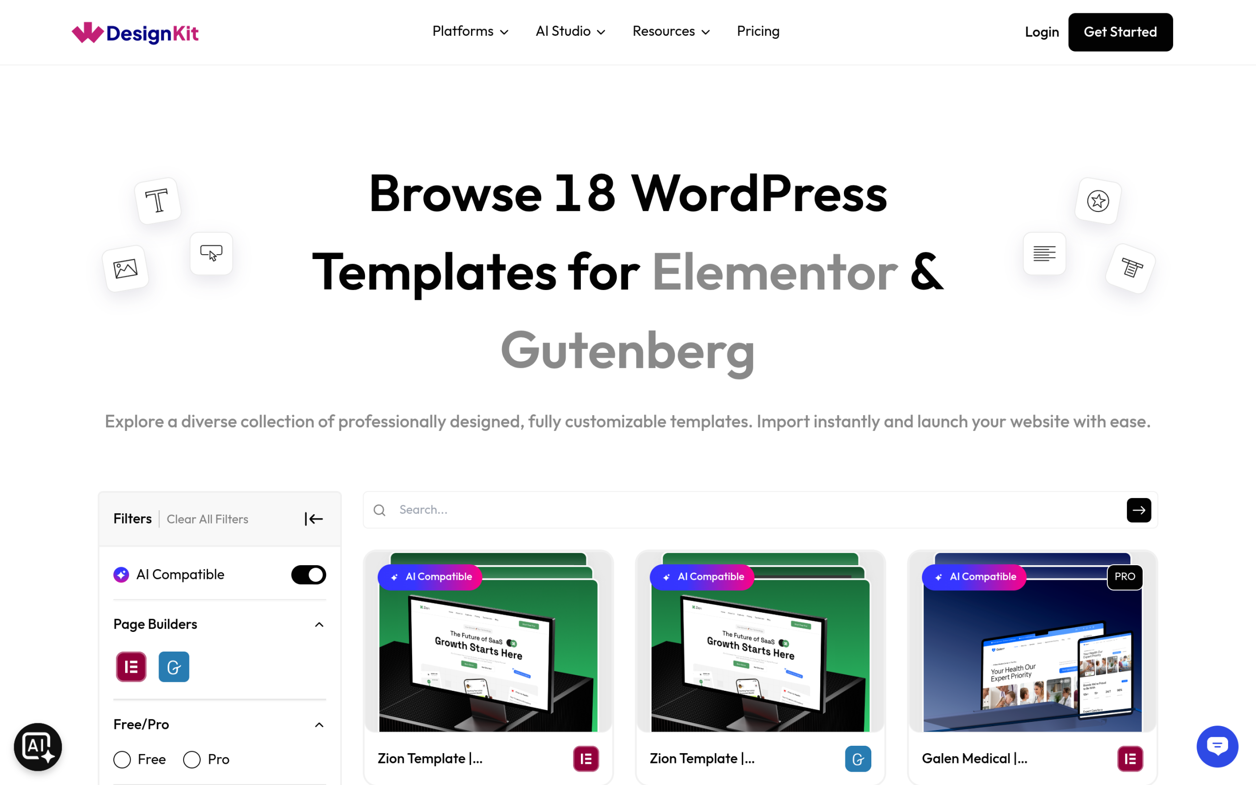 WDesignKit template library filtered to AI Compatible kits for Elementor and Gutenberg