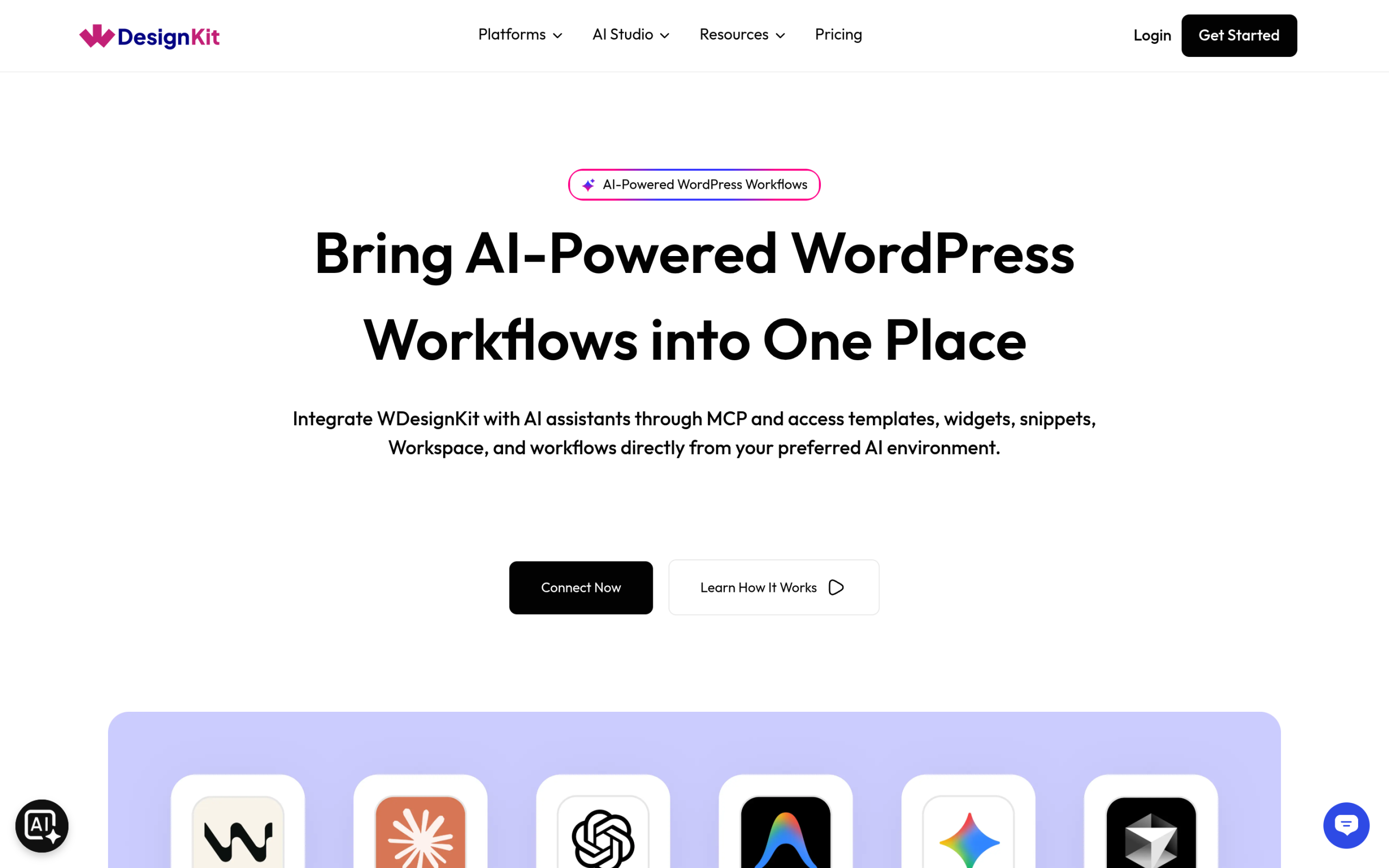 WDesignKit MCP Workflows page for connecting AI assistants to WordPress templates, widgets and snippets