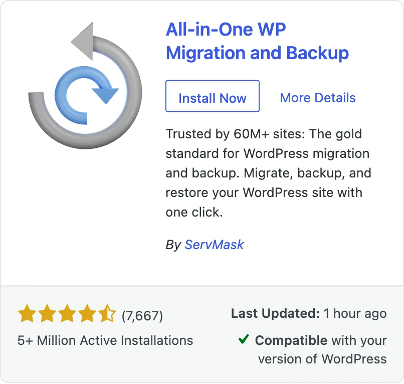 All-in-One WP Migration and Backup plugin listing in the WordPress plugin directory.