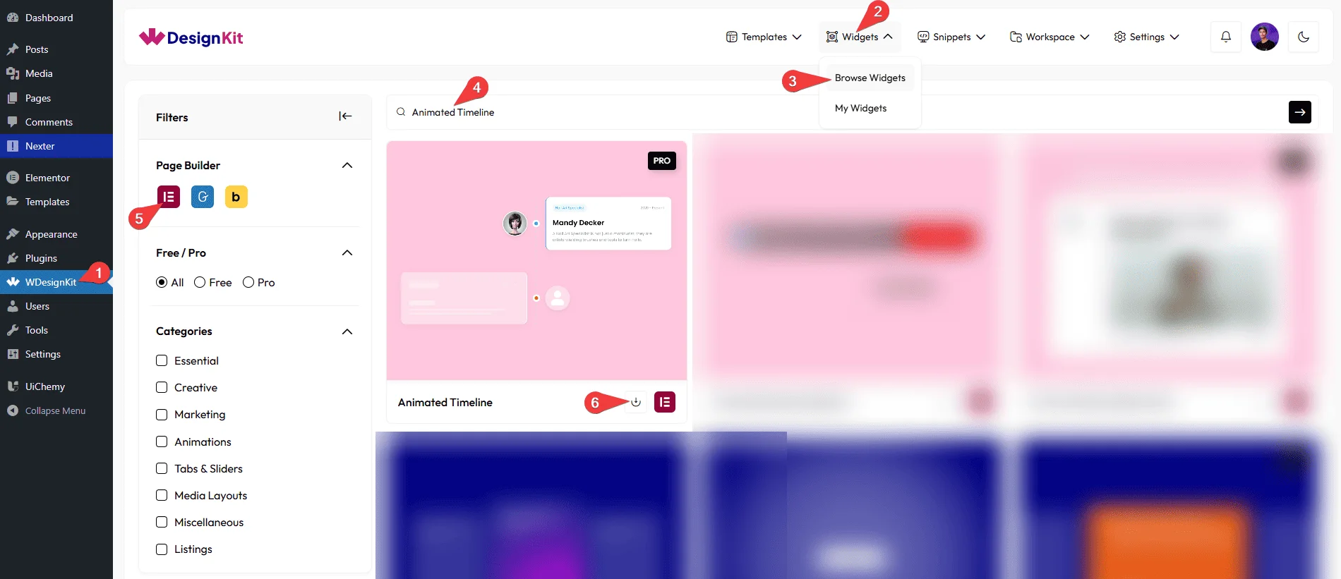 WDesignKit Widgets browse screen showing the Animated Timeline widget filtered to Elementor with the download icon highlighted