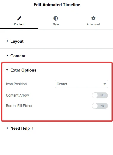 Animated Timeline widget Extra Options panel with Icon Position, Content Arrow and Border Fill Effect controls