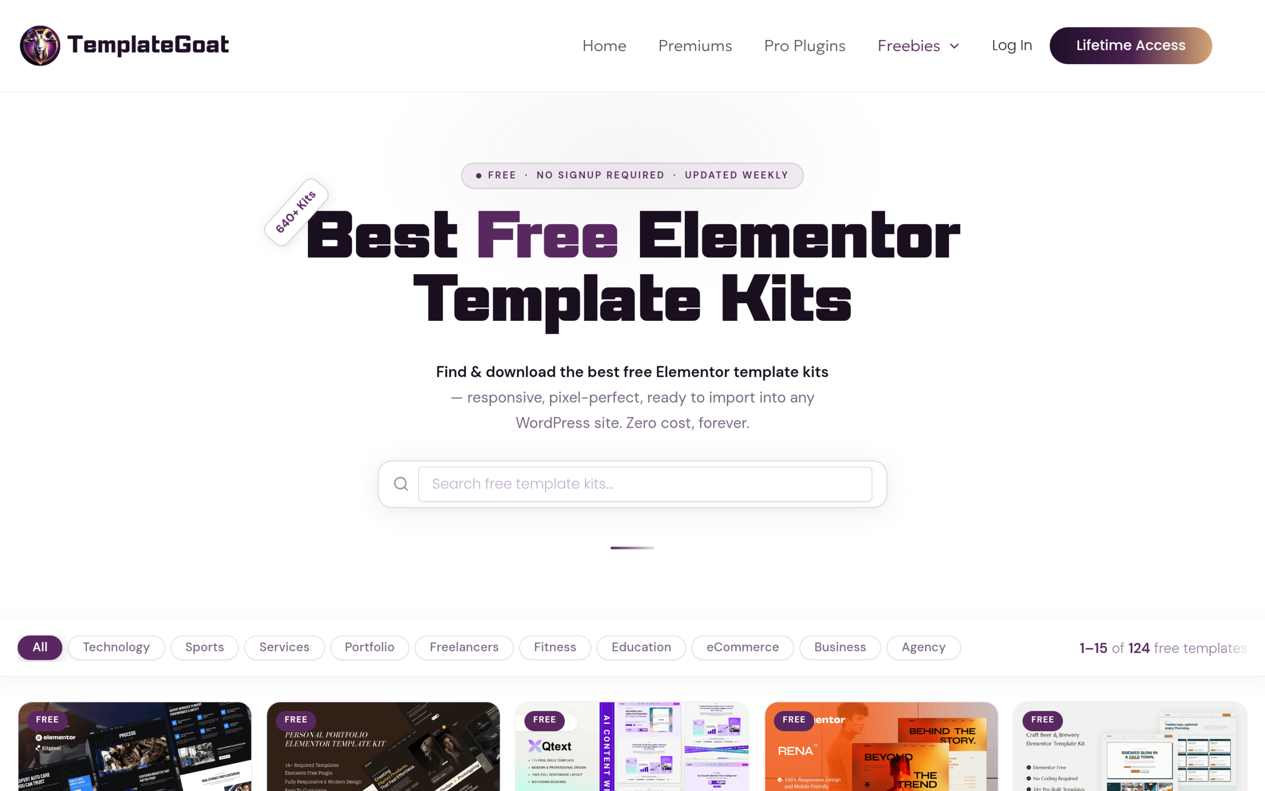 TemplateGoat free Elementor template kits page with category filters and free kit listings