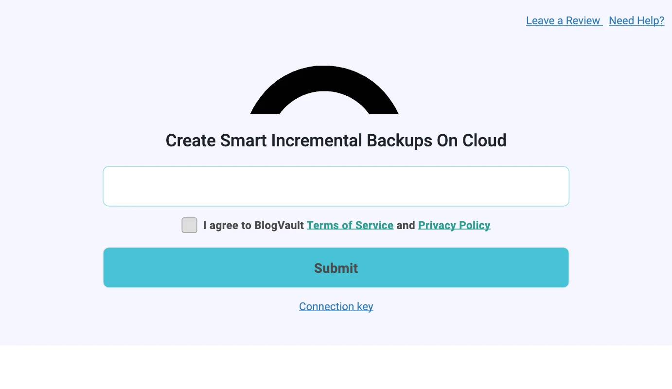 BlogVault setup screen in wp-admin with an email field and Submit button used to start the first backup.