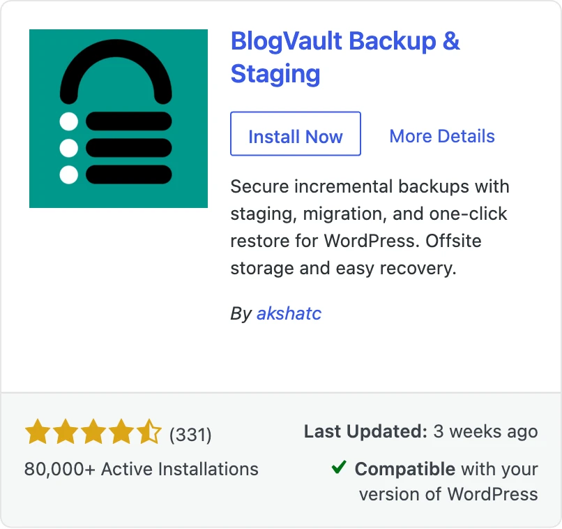 BlogVault Real-time Backup plugin listing in the WordPress plugin directory.