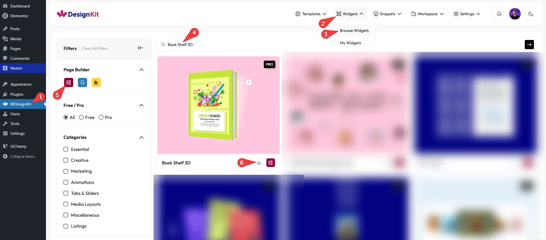 WDesignKit Widgets browse screen showing the Book Shelf 3D widget filtered to Elementor with the download icon highlighted
