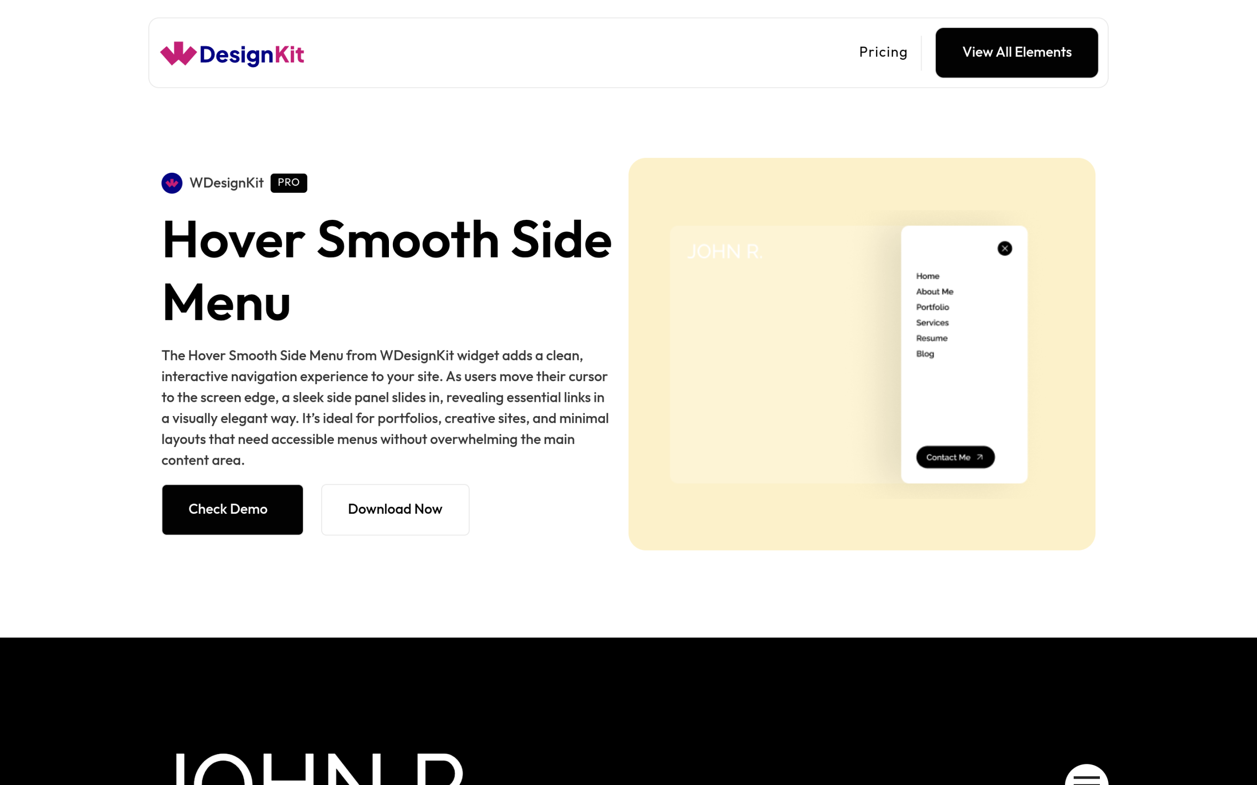 WDesignKit Hover Smooth Side Menu element page for Bricks showing a slide-in side navigation demo