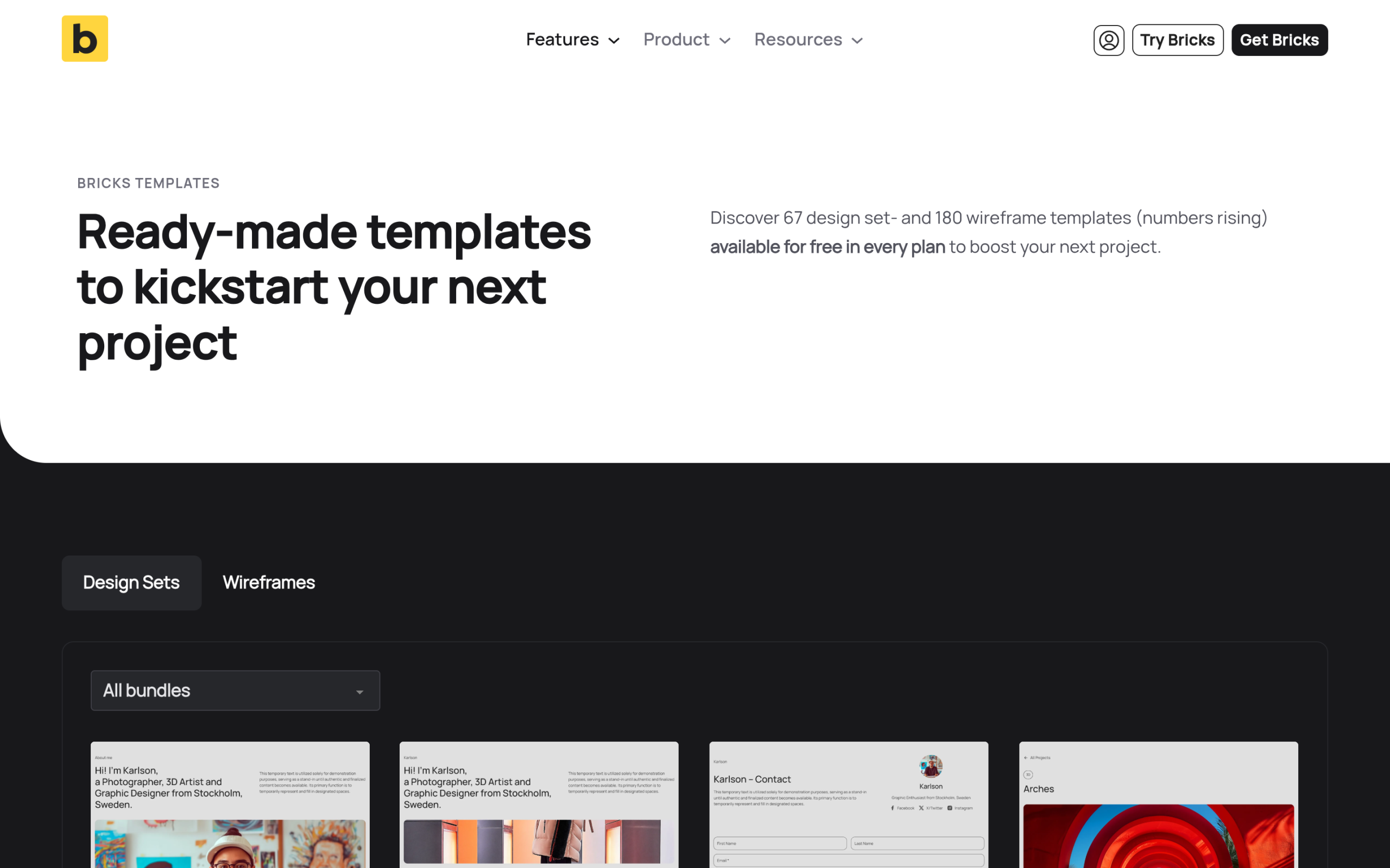 Bricks Builder official templates page listing free design set and wireframe templates