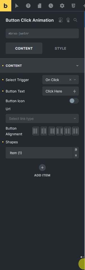 Button Click Animation element Content panel in Bricks showing Select Trigger, Button Text, Button Icon, Url, Button Alignment and Shapes repeater