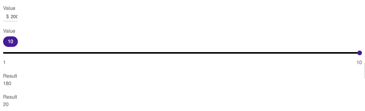 Discount calculator showing $200 amount, 10% discount, discounted amount 180, discount amount 20