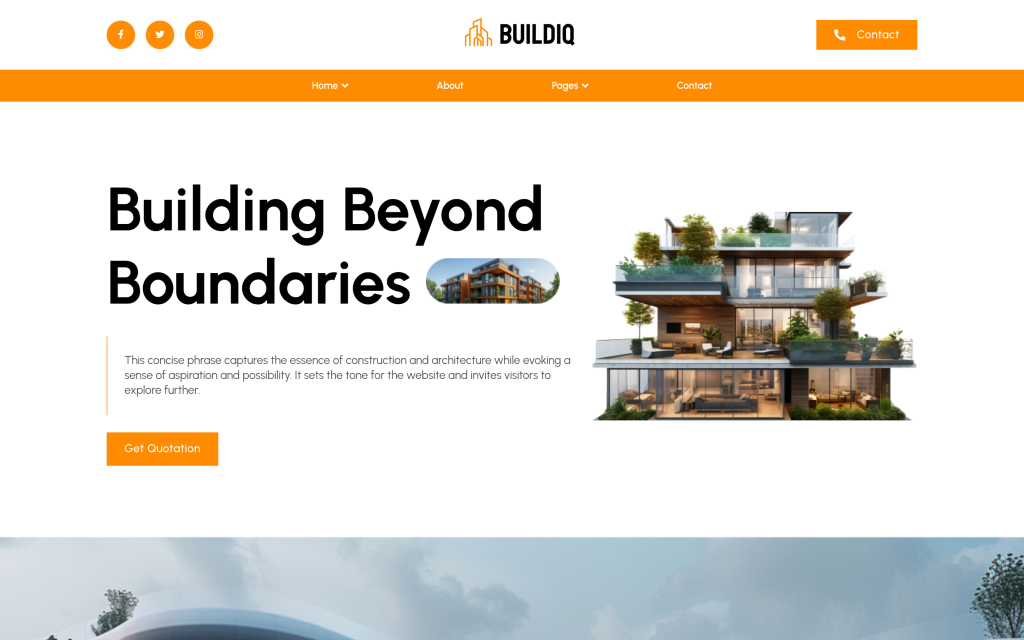 BuildIQ Elevate construction website template homepage with a Building Beyond Boundaries headline and Get Quotation button
