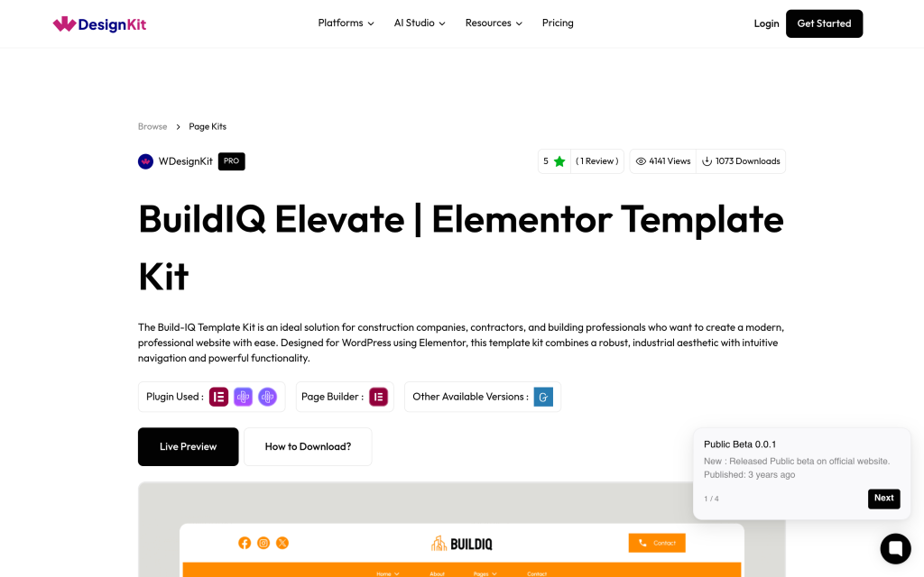 BuildIQ Elevate Elementor template kit listing in the WDesignKit library with Live Preview button