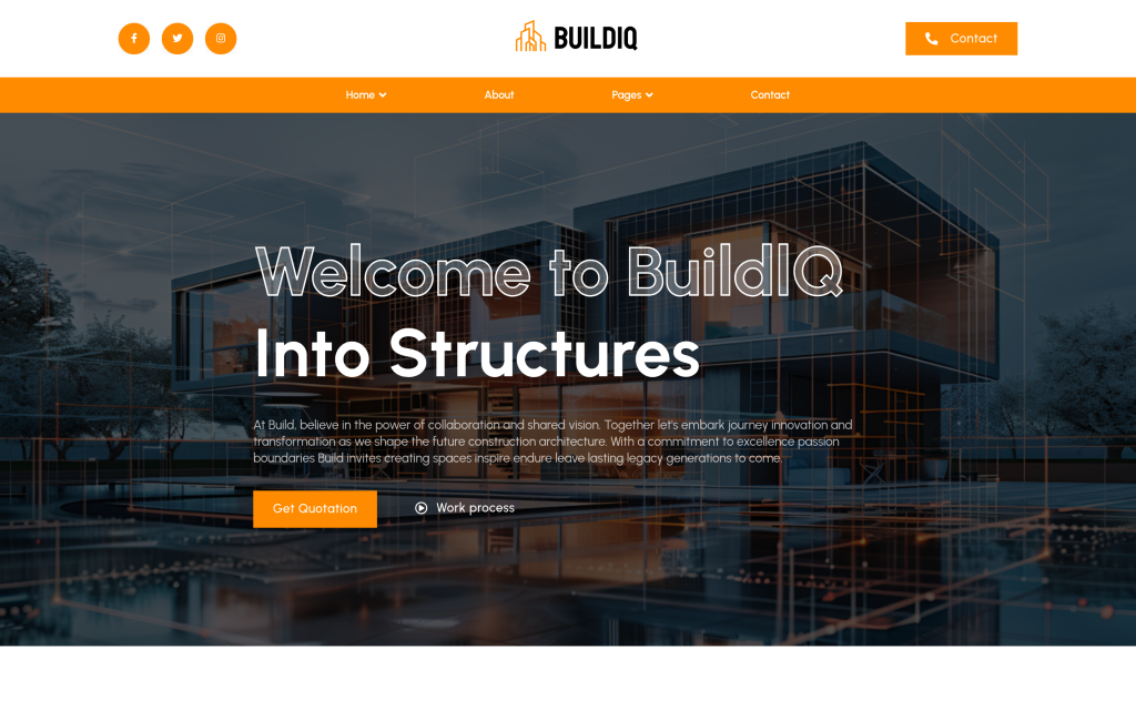 BuildIQ Nexus construction template homepage with a dark photo hero and Get Quotation button