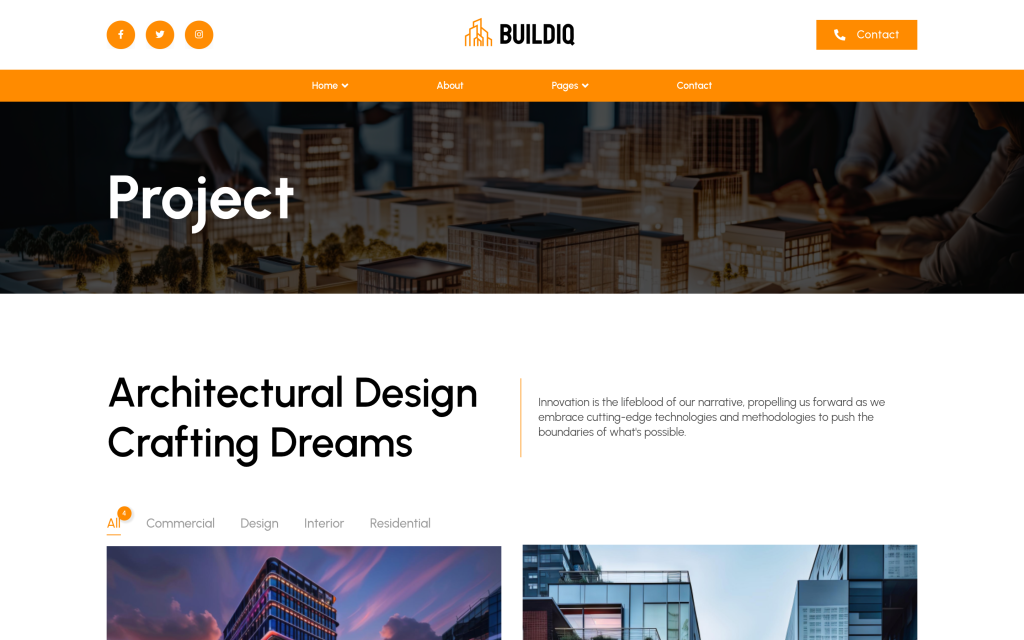 BuildIQ project page template with filter tabs for commercial, design, interior and residential projects