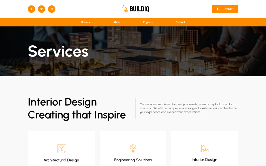 BuildIQ services page template listing architectural design, engineering solutions and interior design as separate service cards
