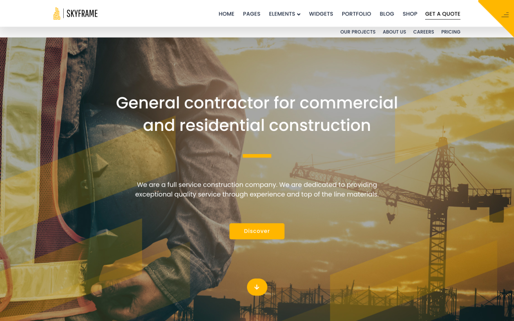 Skyframe one-page construction landing template for a general contractor with a job-site hero photo