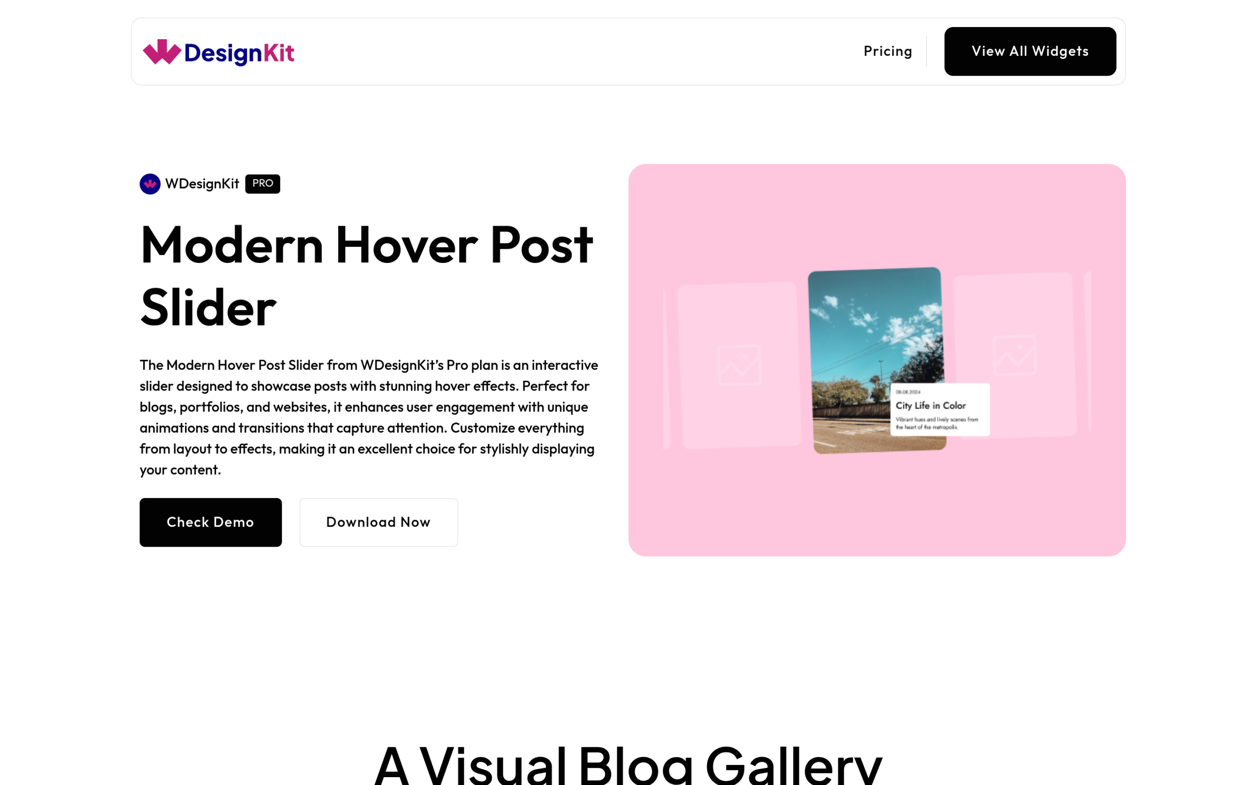 WDesignKit Modern Hover Post Slider widget page showing a post slider with hover card