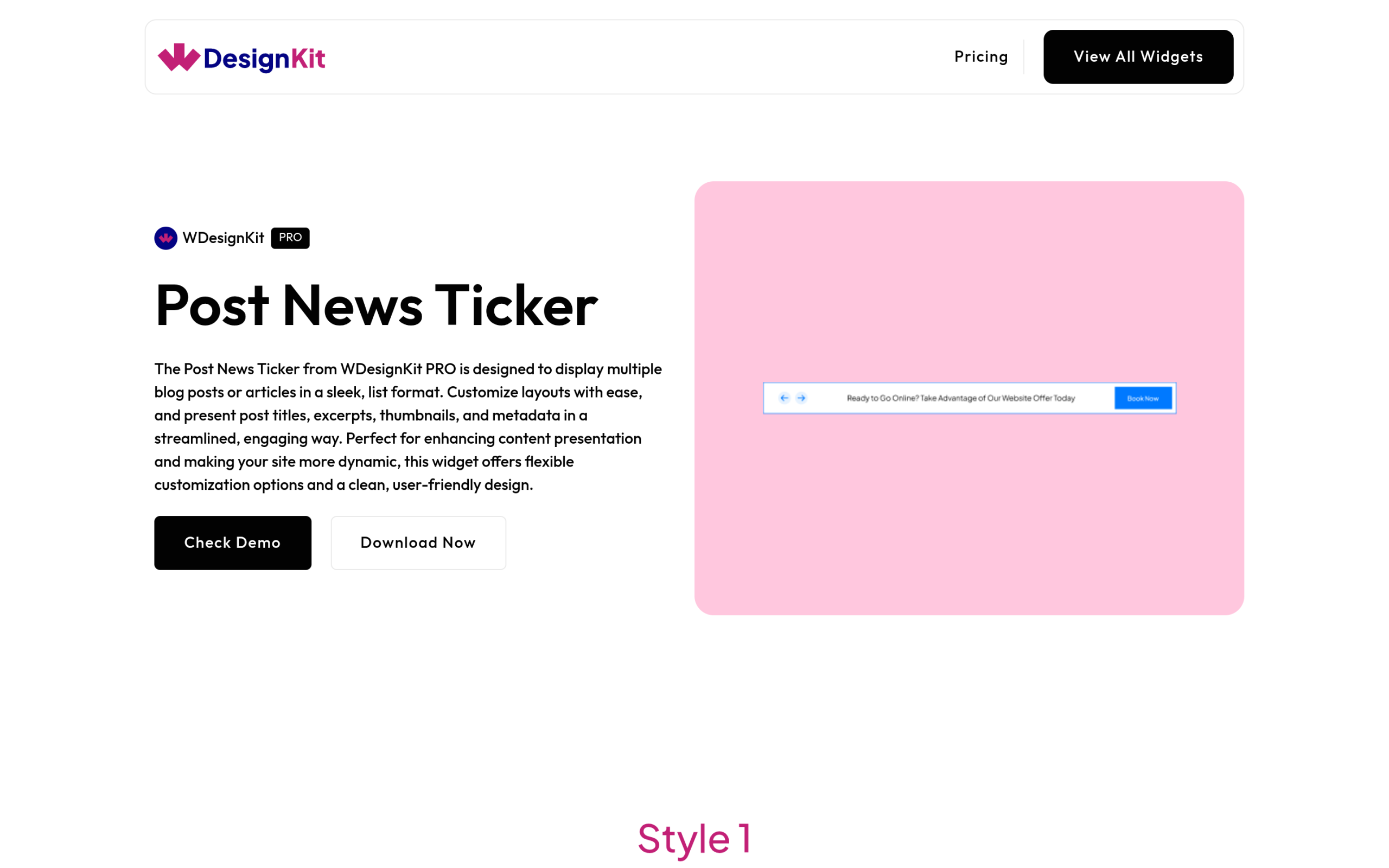 WDesignKit Post News Ticker widget page showing a scrolling headlines demo