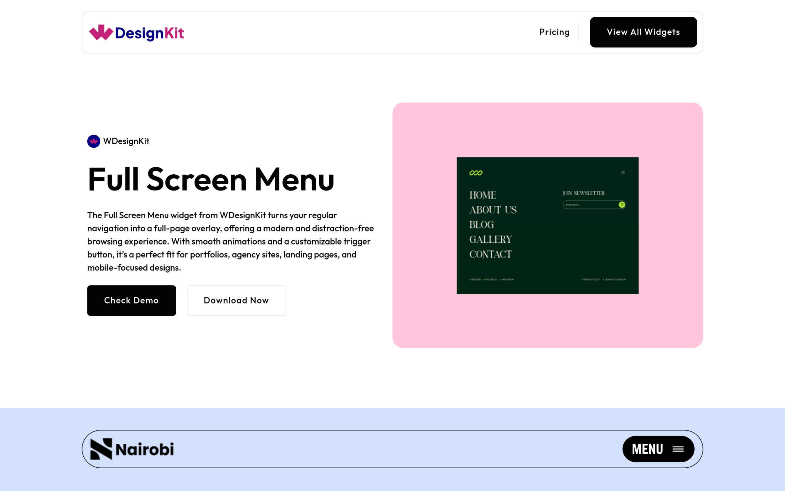 WDesignKit Full Screen Menu widget page showing a full-page overlay navigation demo